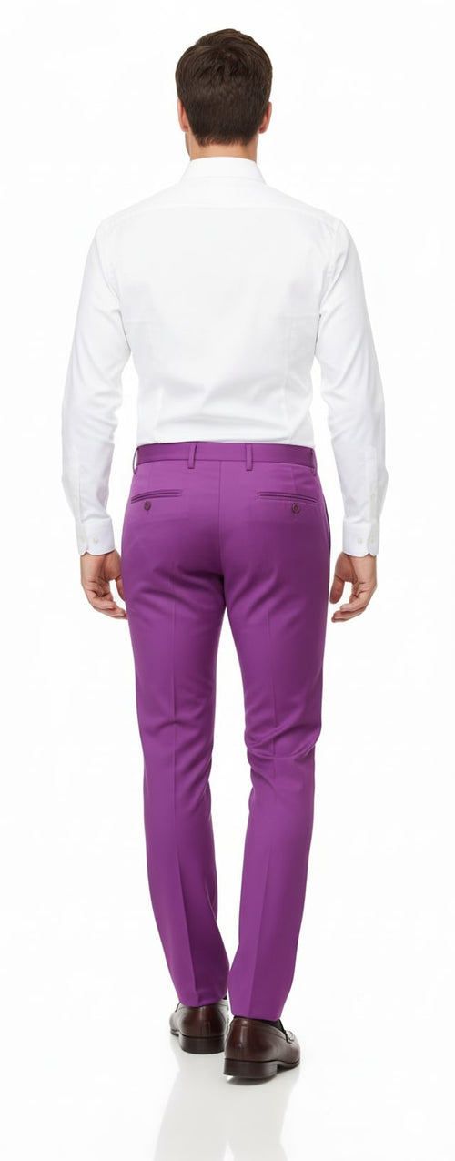 Men's slim fit, light purple dress pants with a modern tapered leg. Smooth fabric, two buttoned back pockets. Stylish and contemporary.