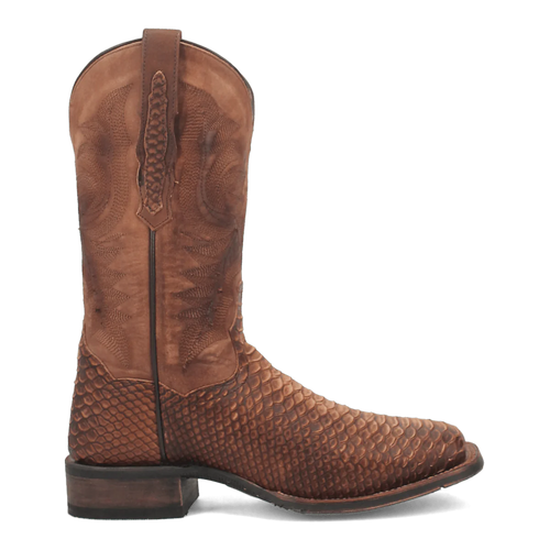 Dan Post men's leather square toe boots with a python print. Tall shaft, textured design, and brown tones. Smooth leather toe, rugged lower section. Elevated heel and pull loop.