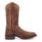 Dan Post men's leather square toe boots with a python print. Tall shaft, textured design, and brown tones. Smooth leather toe, rugged lower section. Elevated heel and pull loop.