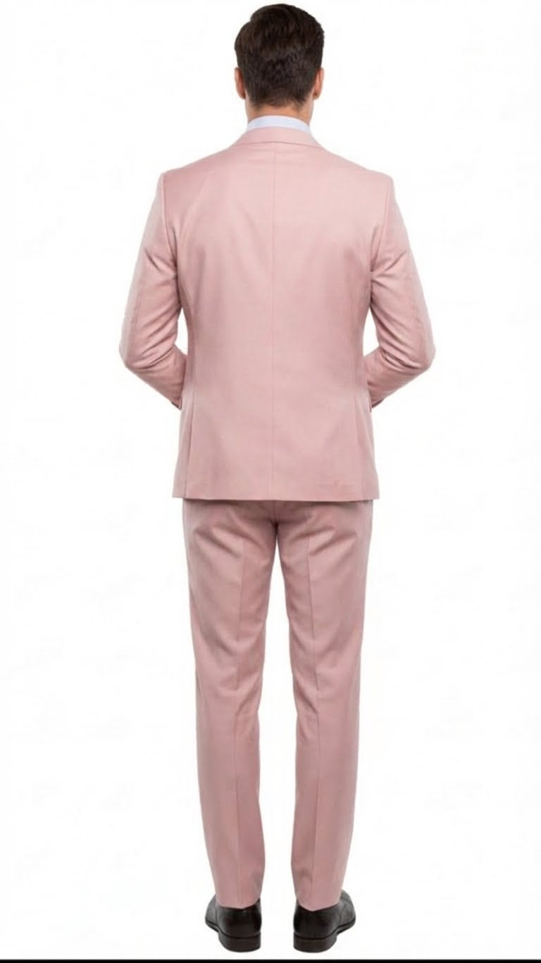 Men's blush pink & gold three-piece suit: fitted blazer, trousers, vest. Soft, light pink fabric with a smooth finish. Blazer: structured, single vent, button closure. Trousers: straight leg, decorative stitching. Vest: matching color & cut.
