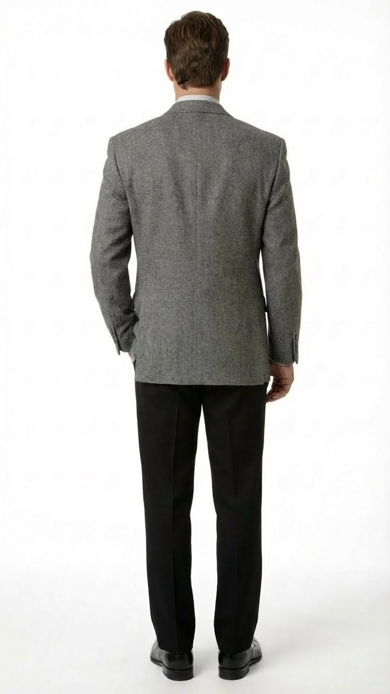 Alberto Nardoni men's dark grey blazer. Tailored fit, structured silhouette, single vent, notched lapel. Textured woven fabric for visual depth. Charcoal grey sport coat.