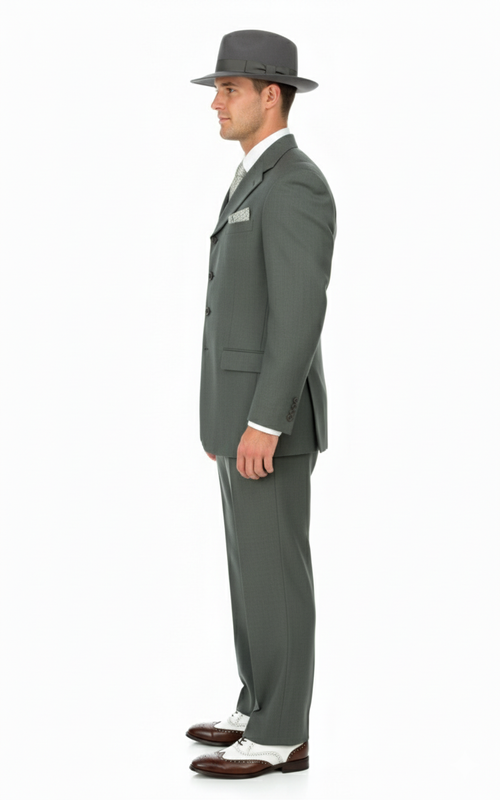 Men's 1920s gray zoot suit: fitted 3-button jacket, notched lapel. Wide-legged, straight-cut trousers. Textured fabric. Includes a gray fedora.