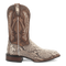 Dan Post Men's Brutus Python boots: square toe, snakeskin texture, dark brown leather accents, wooden heel. Beige & brown color palette. Decorative pull tab.