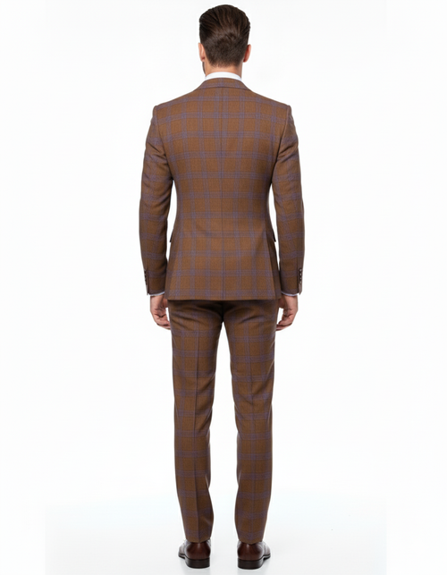 Men’s Brown Plaid Double-Breasted Suit – Premium 2-Piece Classic Checkered Windowpane Suit by Rossiman