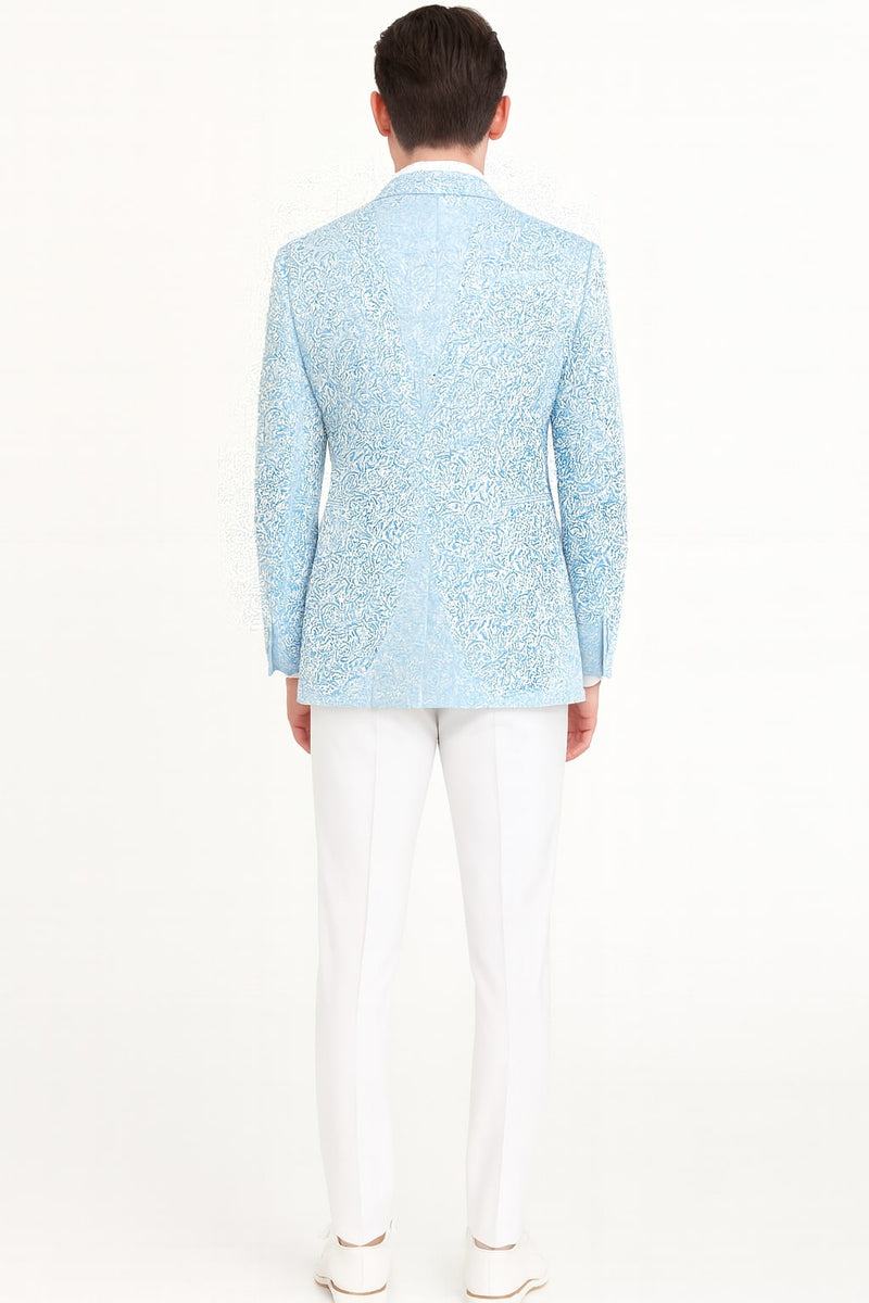 Men's light blue tuxedo jacket with white paisley pattern. Single-breasted, notched lapels, tailored fit. Smooth fabric, back vent for movement. Includes a matching light blue bow tie.