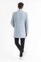 Men's light blue wool overcoat. Modern long silhouette, classic tailored fit. Sky blue color, structured shoulders, single back vent. Clean, refined lines.