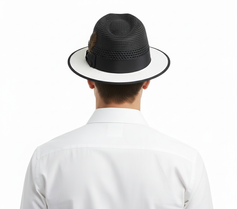 Menâs Two-Tone Black and White Fedora Hat with Feather Accent â Stylish Summer Dress Hat