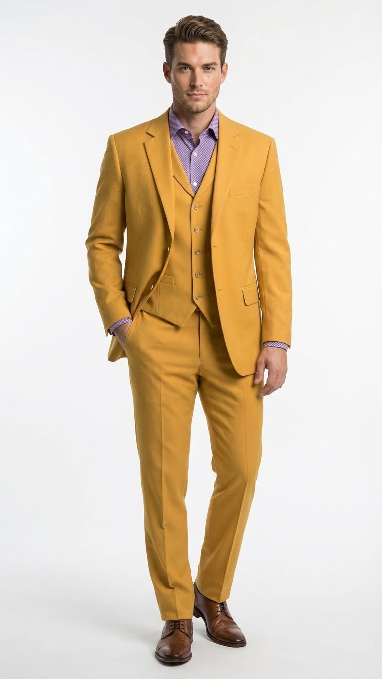 Mustard yellow three-piece men's suit: modern fit, two-button notch lapel jacket, matching vest & straight-cut trousers. Solid color, structured silhouette. Brown dress shoes complete the look.