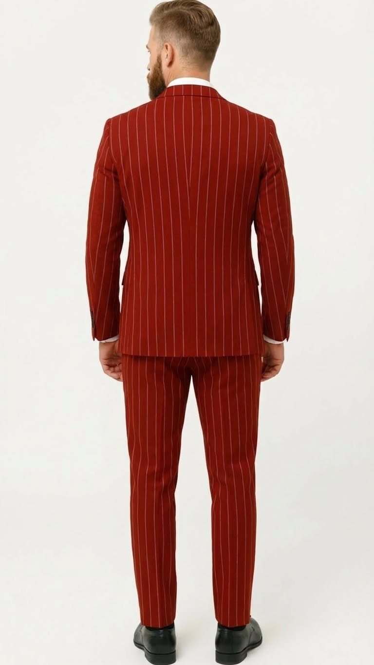 Men's red pinstripe suit with a two-button blazer and vest. Deep red with vertical white pinstripes. Classic design.