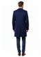 Men's cobalt blue wool/cashmere car coat. Long, tailored silhouette with single back vent. Structured shape, clean finish, smooth, rich blue fabric. Long, fitted sleeves with buttoned cuffs.