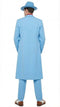 Alberto Nardoni men's 1920s zoot suit in light blue. Includes long coat and trousers with red collar detail. Lightweight fabric, tailored fit, and matching hat complete the look.