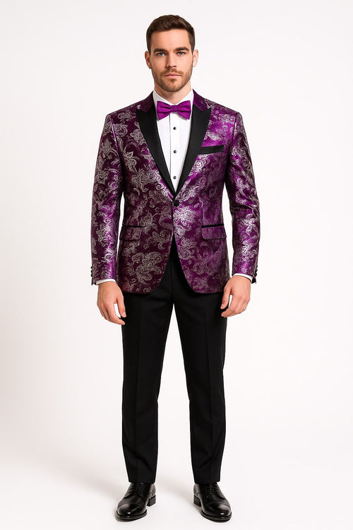 Men's Purple and White Twotoned Paisley Tuxedo Jacket with Black Satin Lapel – Formal Prom and Wedding Blazer