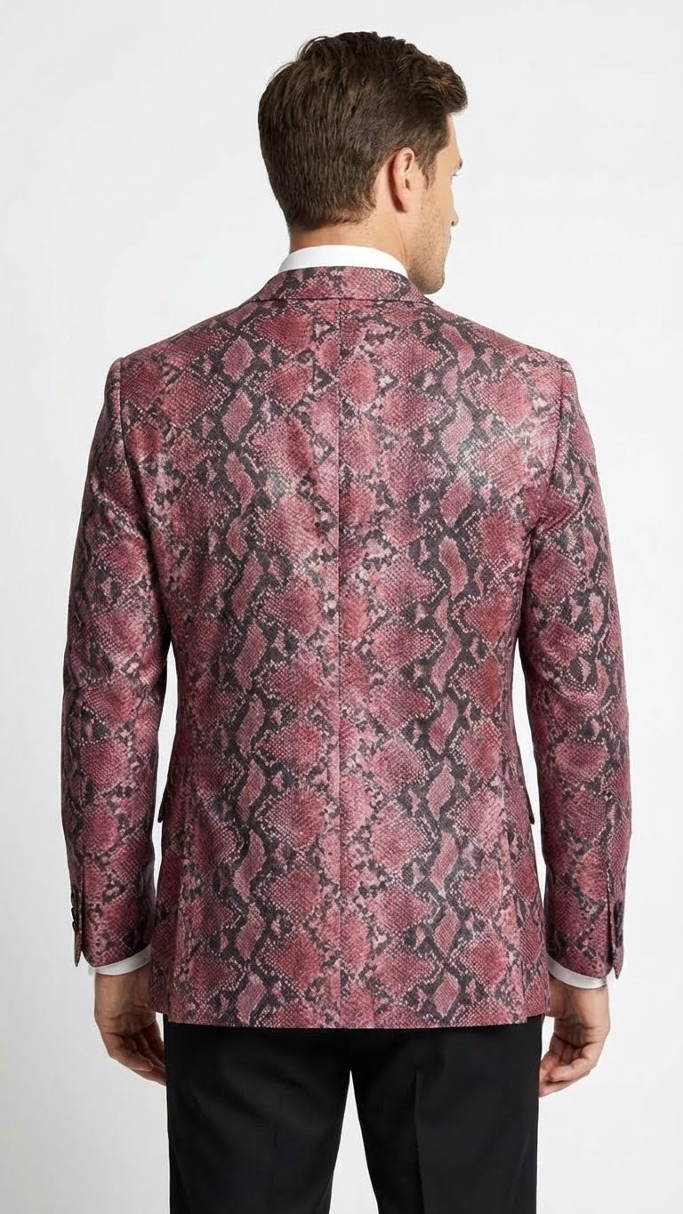 Men's burgundy & black snakeskin blazer. Structured, tailored fit. Rear snakeskin print. Single vent. Textured material. Buttoned cuffs. Standard lapel collar. Polished, structured silhouette.