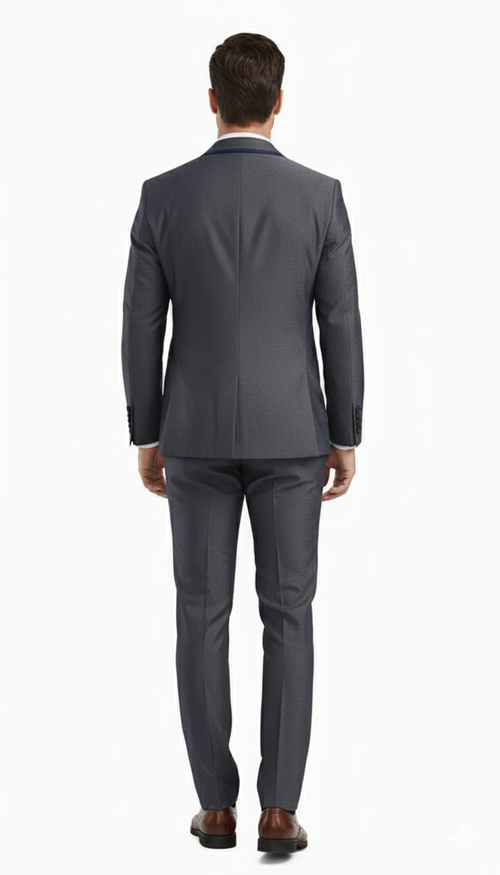 Charcoal gray men's three-piece suit. Subtle textured fabric with blue trim. Slim fit: tailored jacket, matching trousers, and vest. Modern silhouette.