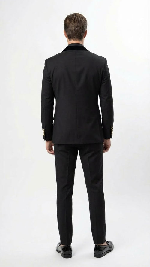 Alberto Nardoni men's black double-breasted tuxedo. Classic tailored fit, sharp lapels, structured shoulders, and defined waist. Straight-legged trousers. Gold button accents on sleeves add contrast. Formal and elegant.