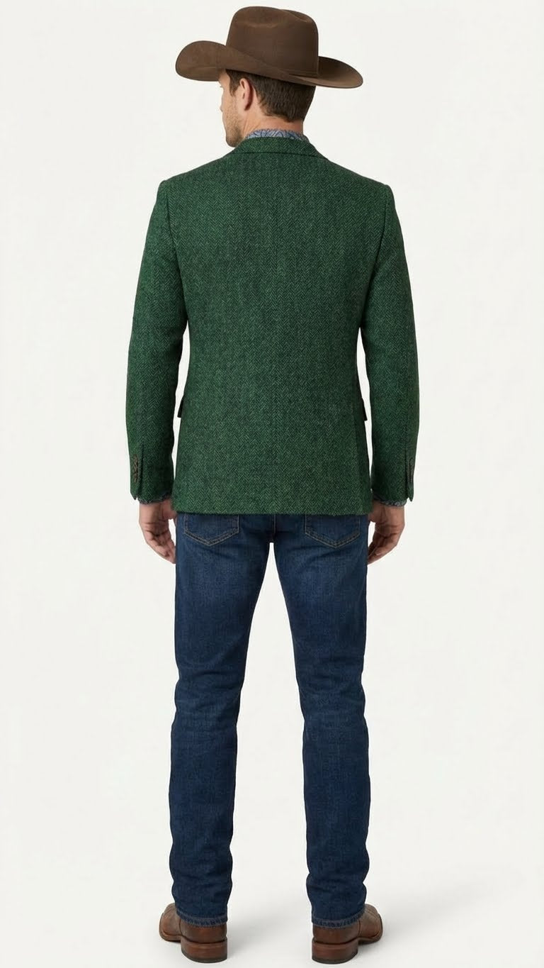 Mens Green Western Blazer Jacket – Classic Cowboy Style Sport Coat for Tweed Herringbone Country Look