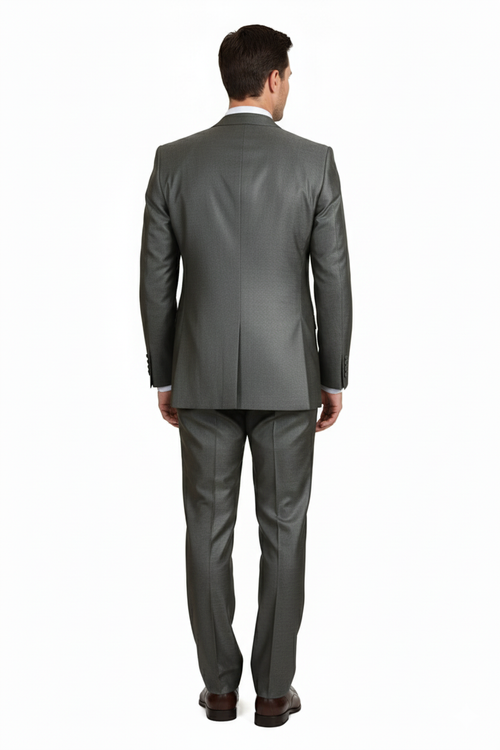 Olive green men's 3-piece suit. Classic fit with pleated pants, a three-button jacket, and vest. Textured fabric with a subtle pattern, back view.
