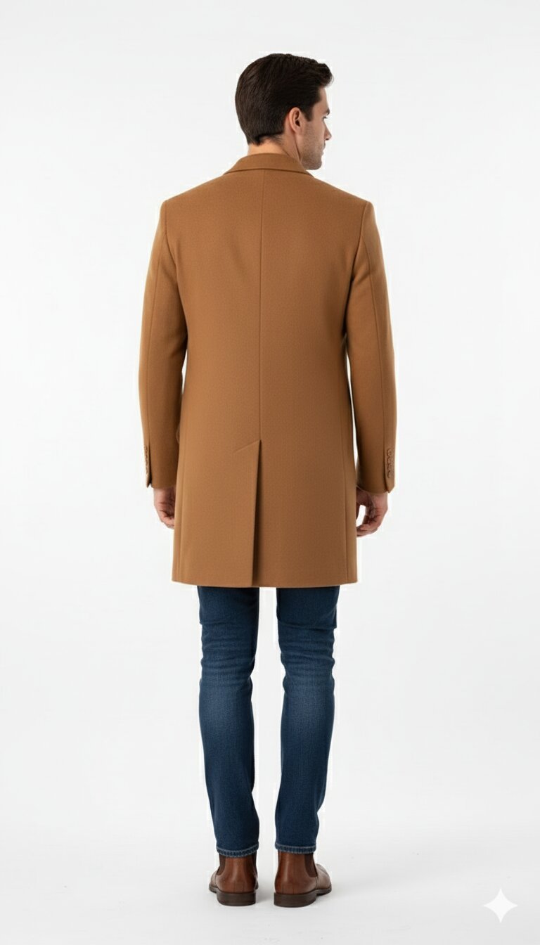 Men’s Camel Brown Wool Top Coat – Classic Long Overcoat for Formal and Casual Wear in rust copper