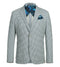Sage blue check slim-fit blazer with a structured fit, notched collar, and single-button closure. Features sage blue and white check exterior, contrasting blue floral lining, and pocket square.