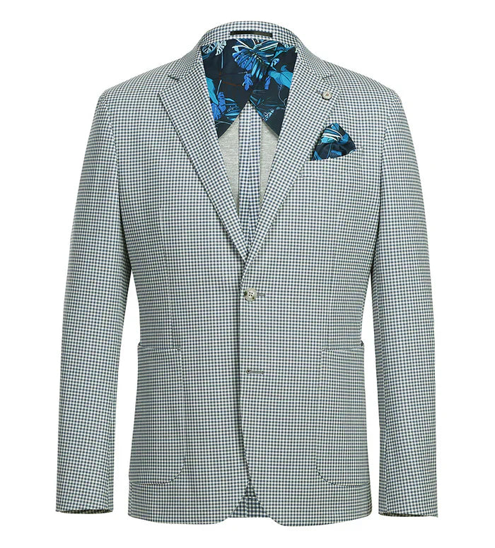 Sage blue check slim-fit blazer with a structured fit, notched collar, and single-button closure. Features sage blue and white check exterior, contrasting blue floral lining, and pocket square.
