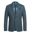 Slim fit blazer in green-blue check, half canvas construction. Textured fabric with contrasting lining at the collar. Features two front pockets and a single-button closure.