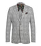 Gray plaid half-canvas slim blazer with single-button closure, two pockets, and notched lapels. Tailored fit with a contrasting tropical print lining. Elegant and structured design.