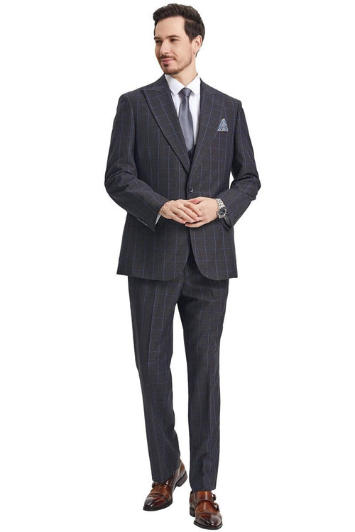 Men's Stacy Adams peak lapel charcoal grey suit features a windowpane plaid pattern with dark and light blue lines. The two-piece suit includes a matching trouser and a scoop neck vest.