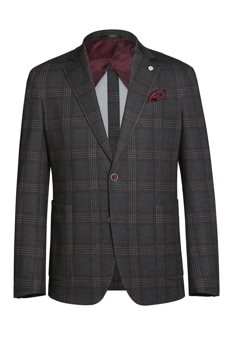 Men's slim fit sports coat. Dark gray checkered pattern with burgundy accents, notched lapel, patch pockets, and single-button closure. Burgundy lining. Vintage style, structured fit.