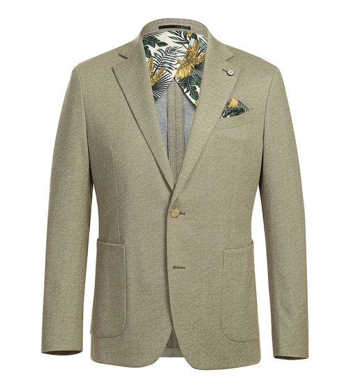 Khaki slim fit blazer with textured fabric. Features: two pockets, single button closure. Inner lining: tropical green/yellow pattern. Half canvas construction.