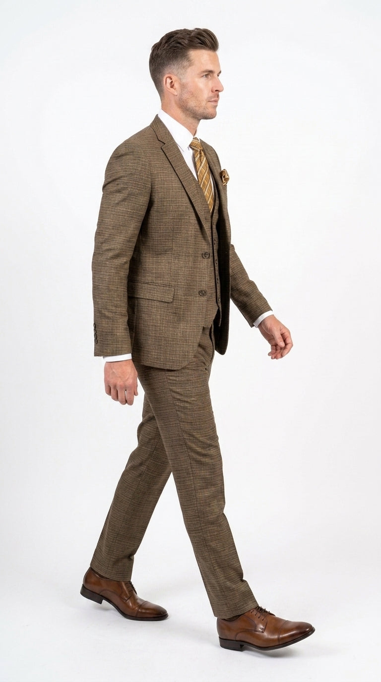Men's Great Gatsby Brown Checker Plaid Texture 3-Piece Suit ā Classic Fit Business, Wedding & Formal Suit Set - Victorian style 1920s