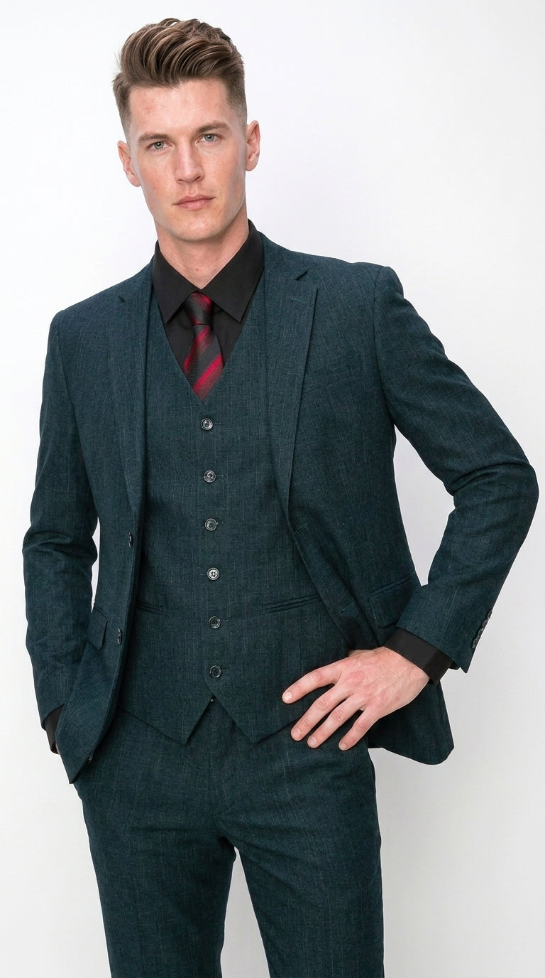 Men’s Teal Green 3 Piece Suit – Modern Two Button Suit with Matching Vest & Pants