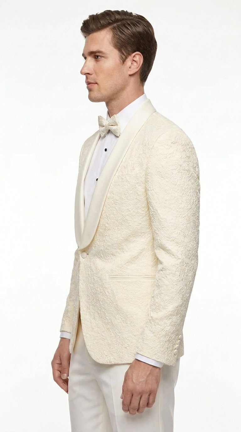 Men’s Ivory Off White Jacquard Dinner Jacket – Cream Tuxedo Blazer for Weddings & Formal Events + Bowtie included