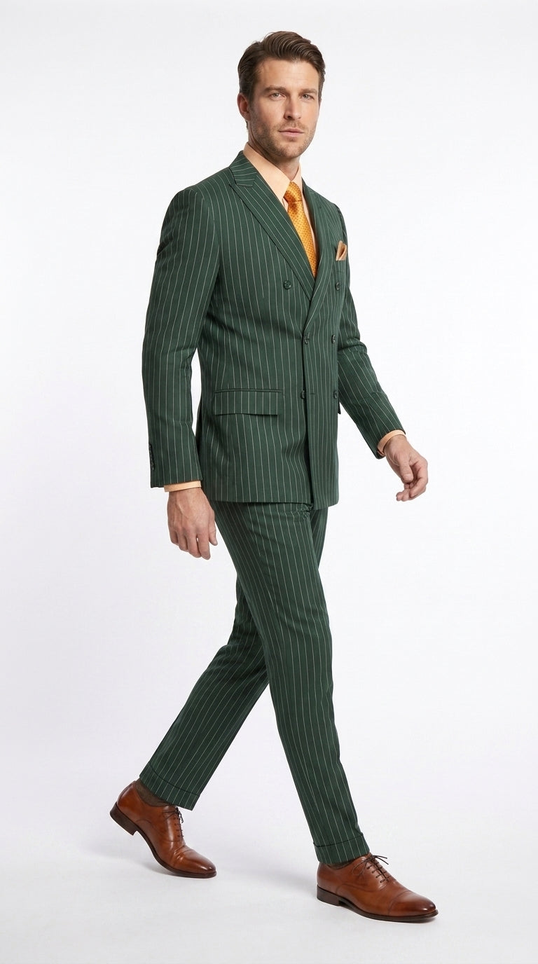 Men’s Hunter Green Pinstripe Double Breasted Suit – Vintage 1920s Great Gatsby Gangster Style