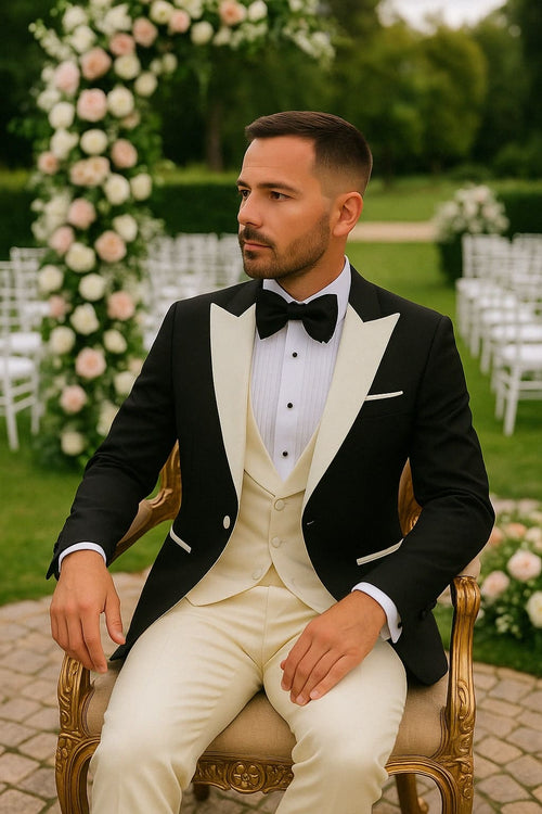 Mens Black and Ivory Tuxedo with Wide Shawl Lapel – 3 Piece Black and off White Lapel ! Vested Suit