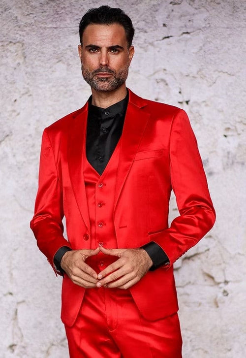 Men's slim-fit, three-piece suit in shiny red satin. Features a blazer with notch lapels, matching five-button vest, and tailored pants. Black lining complements the vibrant red.