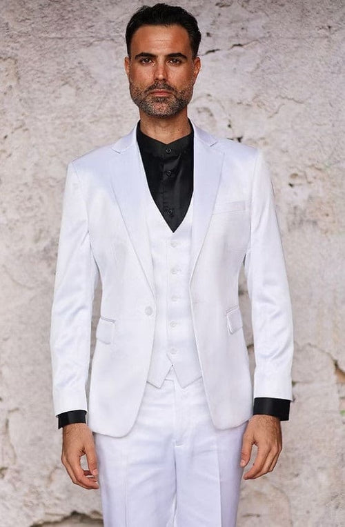 Men's slim fit, three-piece white satin suit. Features: single-breasted blazer w/ black satin lapel/cuffs, matching vest (3 buttons), and trousers. A stylish and formal look.