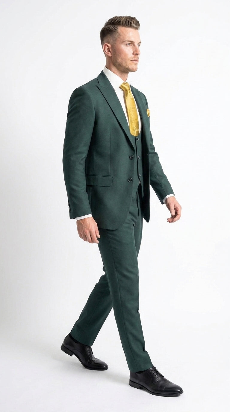 Mens Vitali 3 Piece Suit W/Scoop Vest Hunter Green 3-Piece Suit –, Big Peak Lapel Vest and Pants Modern Fit Two Buttons