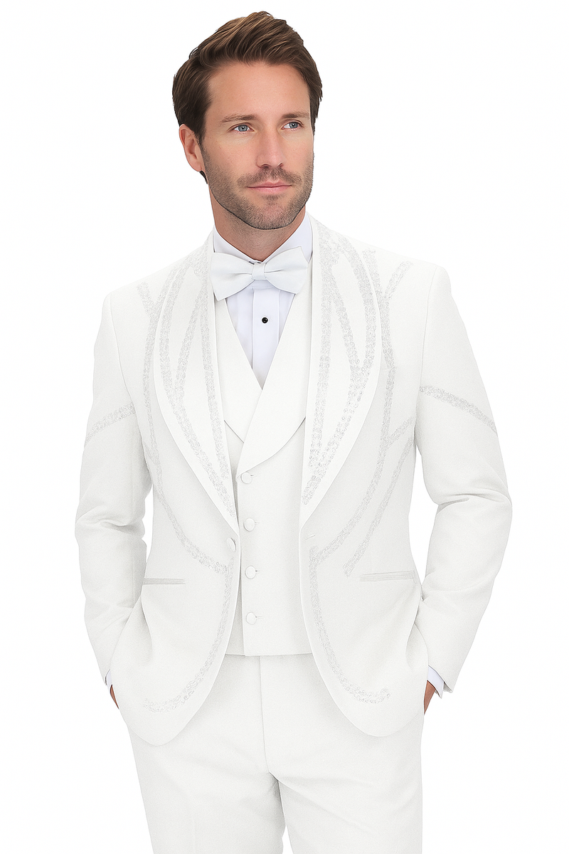 Alberto Nardoni white Italian wool tuxedo. Modern fit, 3-piece suit: jacket, vest, trousers. Features traditional lapel, buttoned vest, and classic-cut trousers. Smooth wool blend.