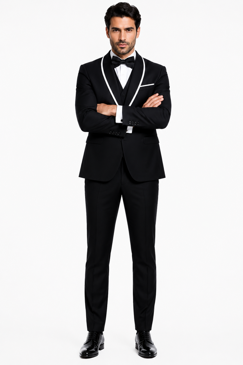 3-Piece Tailored Fit Wool Suit with Bow Tie and Flat Front Pants - Black