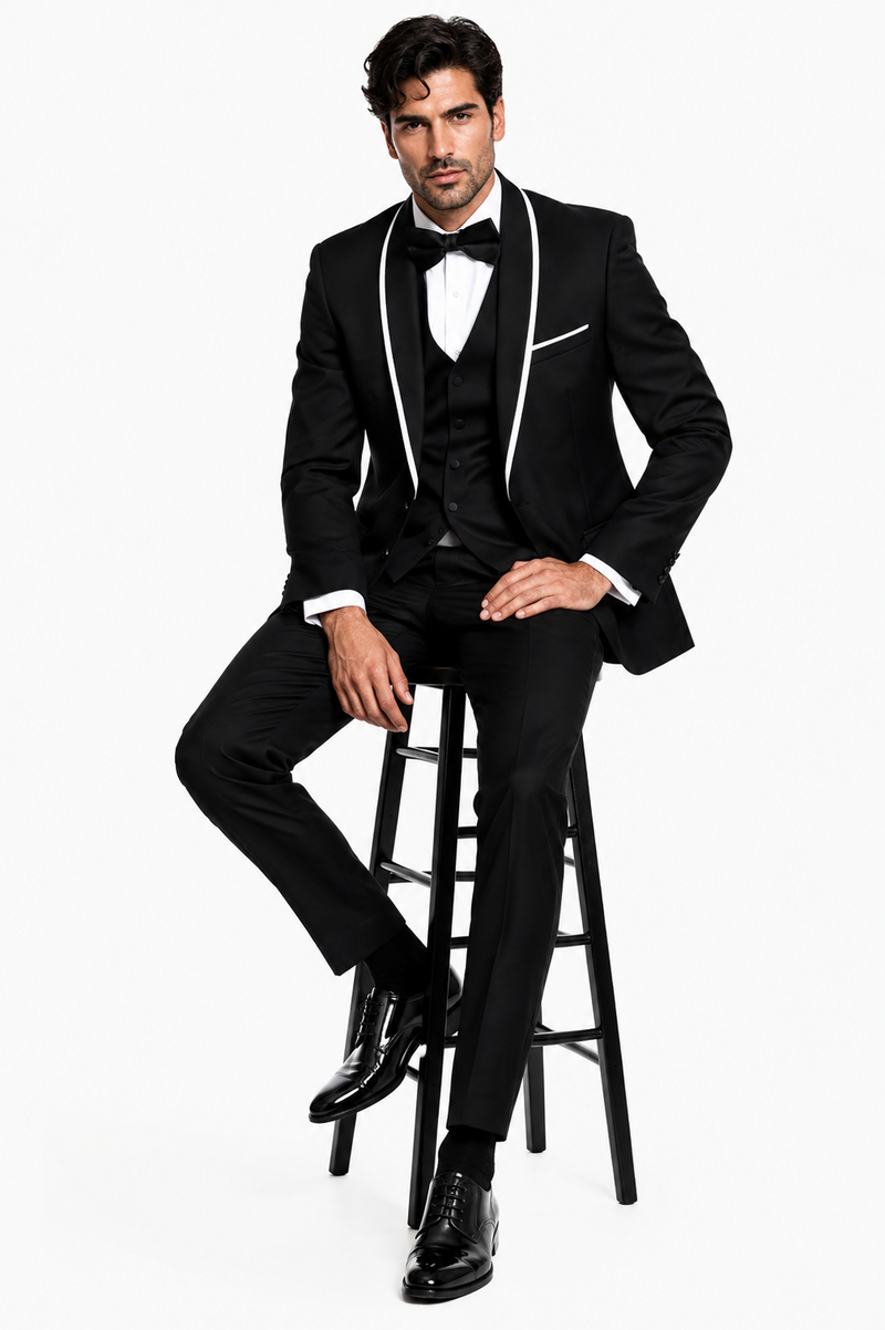 3-Piece Tailored Fit Wool Suit with Bow Tie and Flat Front Pants - Black