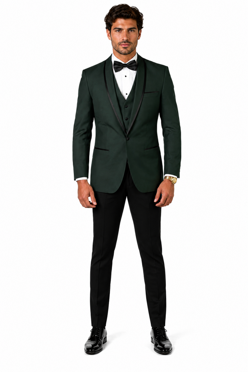 3-Piece Tailored Fit Wool Suit with Bow Tie and Flat Front Pants - Hunter