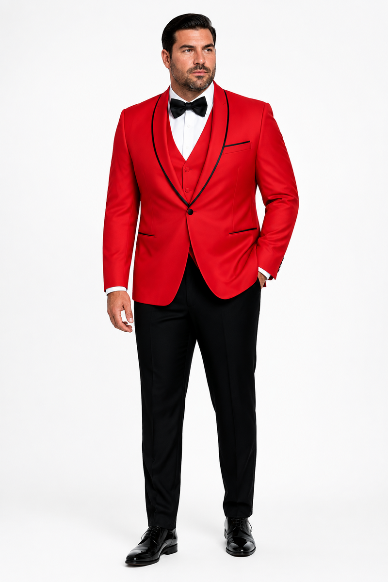3-Piece Tailored Fit Wool Suit with Bow Tie and Flat Front Pants - Red