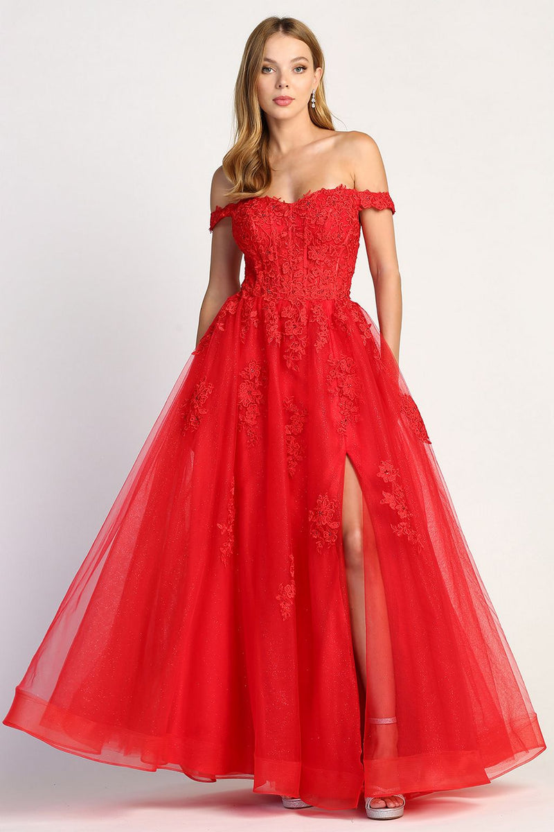 Adora Design 3002 Off Shoulder Glitter Applique A-Line Prom Dress