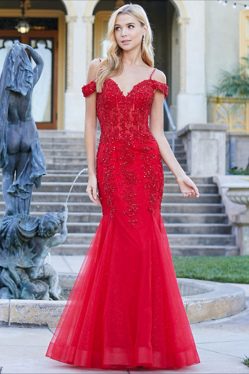Adora Design 3005 Off Shoulder Beaded Lace Corset Prom Gown