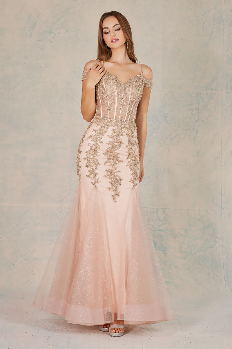 Adora Design 3005 Off Shoulder Beaded Lace Corset Prom Gown