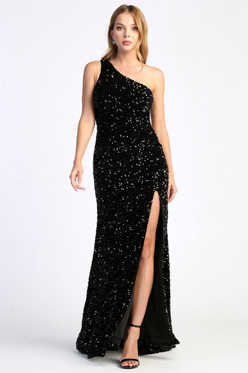 Adora Design 3067 One Shoulder Sequin Cutout Slit Gown