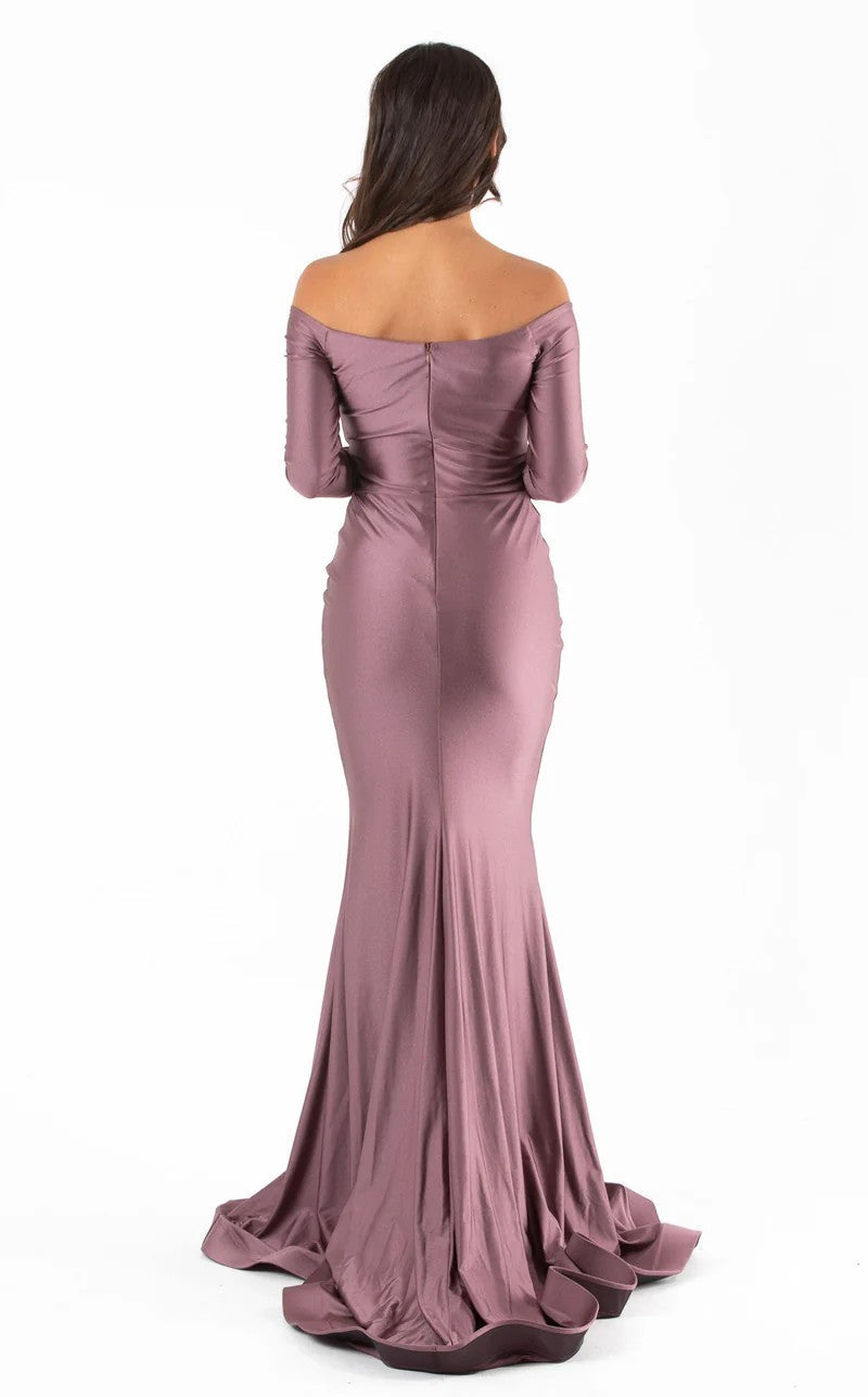 Jessica Angel JA306 Off-Shoulder Fitted Ruched Slit Prom Formal Jersey Dress