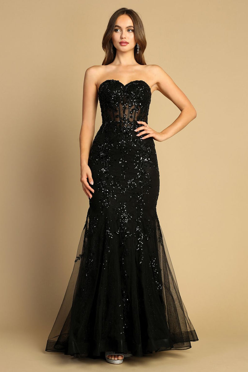 Adora 3080 Strapless Beaded Lace Mermaid Long Formal Prom Dress