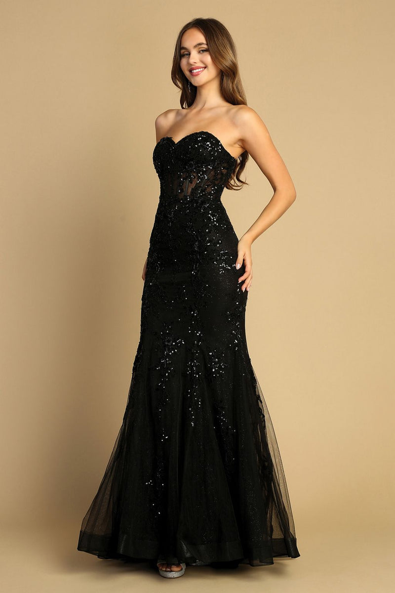 Adora 3080 Strapless Beaded Lace Mermaid Long Formal Prom Dress