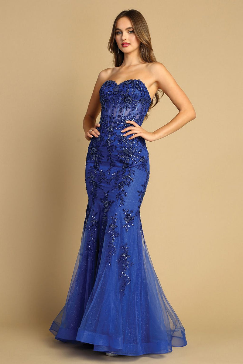 Adora 3080 Strapless Beaded Lace Mermaid Long Formal Prom Dress